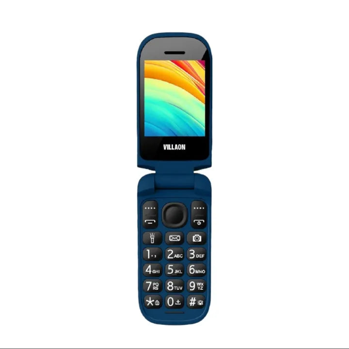 Villaon POCK1 blue flip phone front back and side